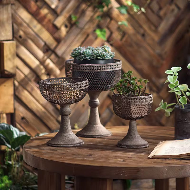 Set of 3 Vintage Pedestal Metal Planters