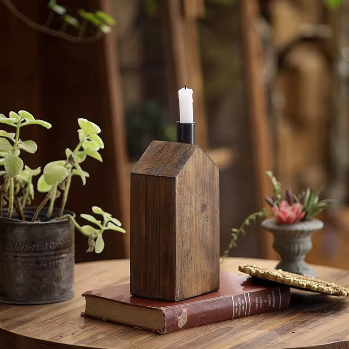 Rustic Wooden House Candle Holder