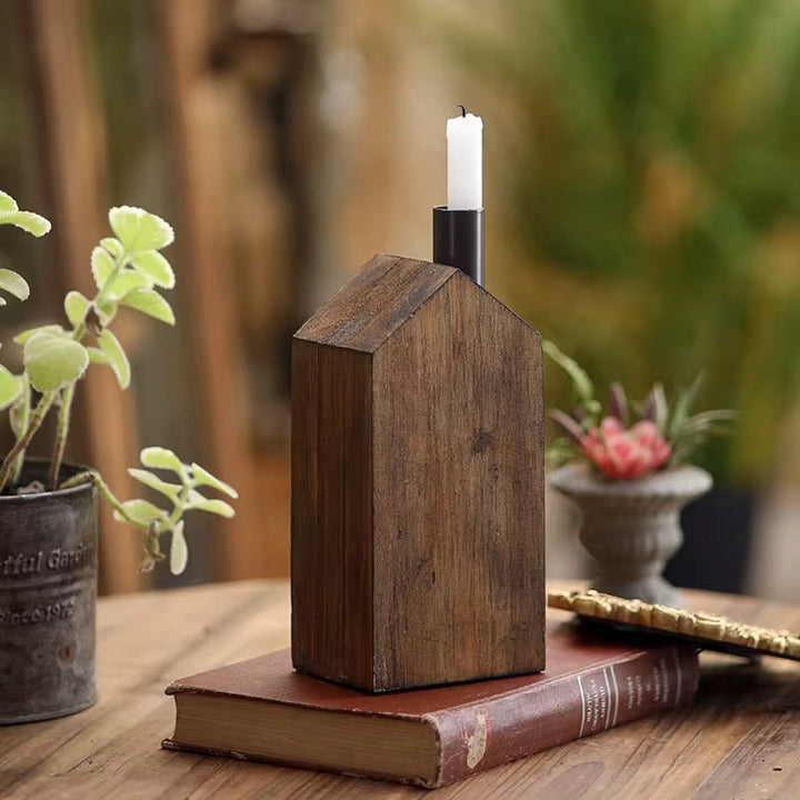 Rustic Wooden House Candle Holder