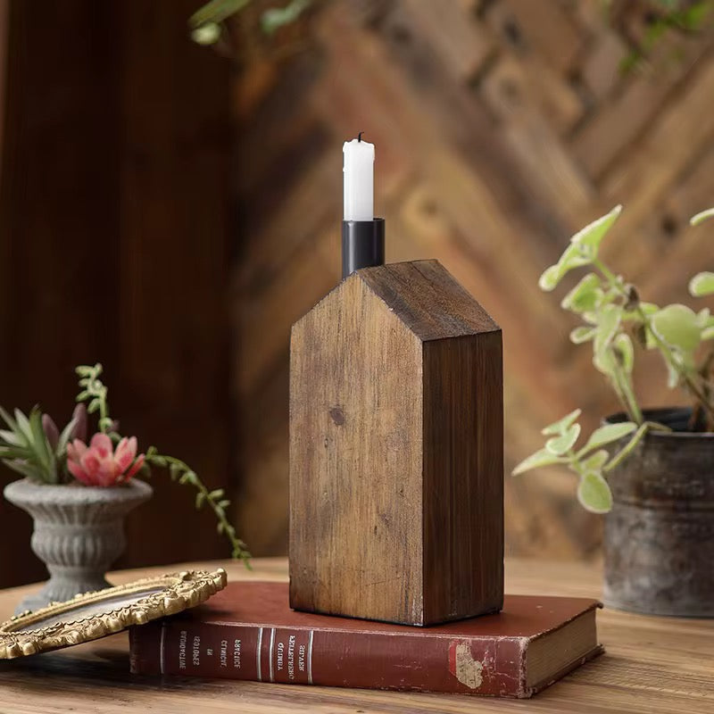 Rustic Wooden House Candle Holder
