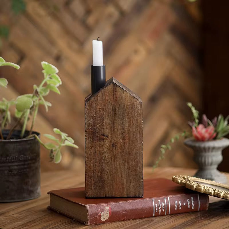 Rustic Wooden House Candle Holder