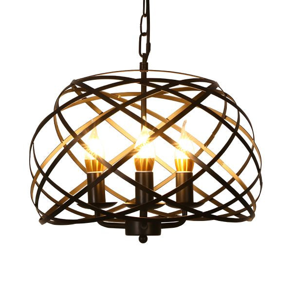 Industrial black and brass four-light woven cage pendant chandelier