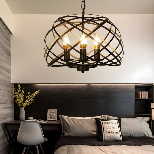 Industrial Black & Brass Woven Cage Pendant Chandelier
