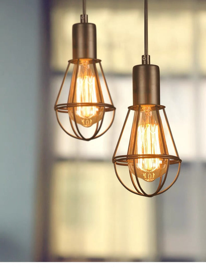 Industrial Pendant Light with Black Wire Cage Design