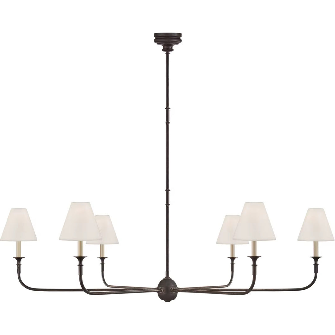 Traditional dark bronze six-light chandelier with cream fabric shades