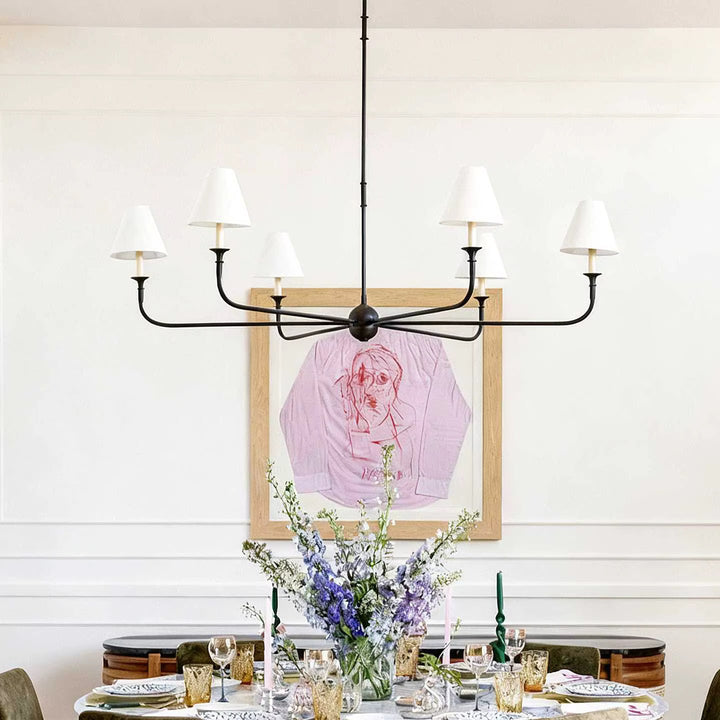 Traditional Black  6-Light Chandelier with Cream Fabric Shades