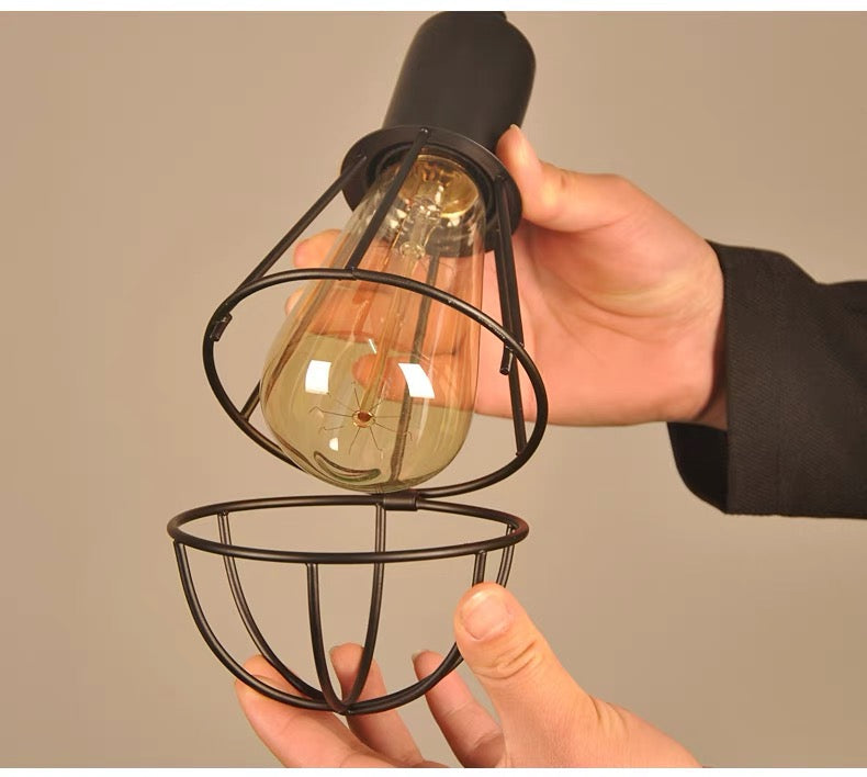 Industrial Pendant Light with Black Wire Cage Design