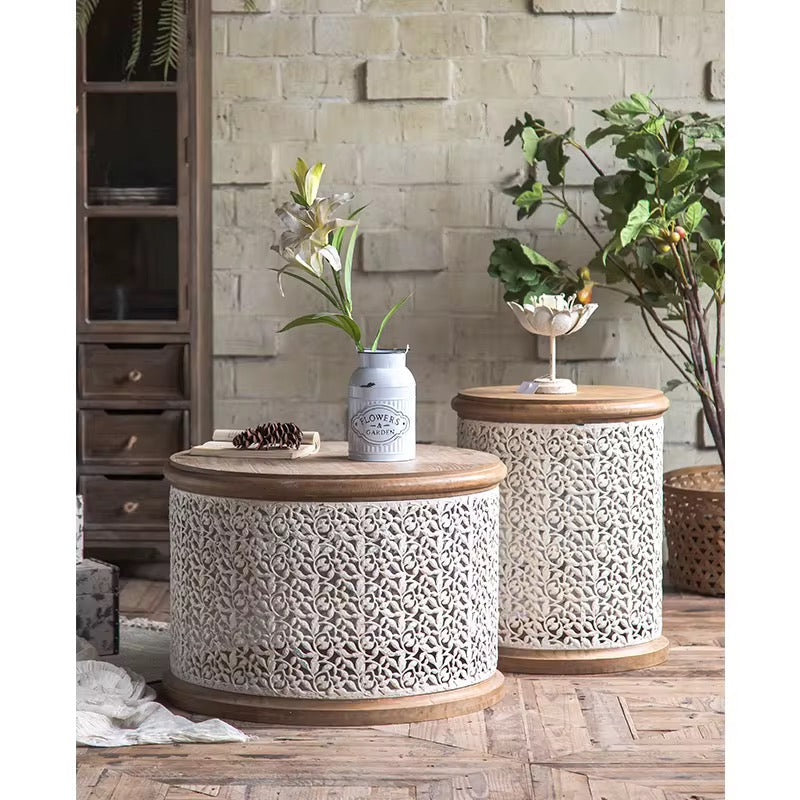 Carved Drum Coffee Tables