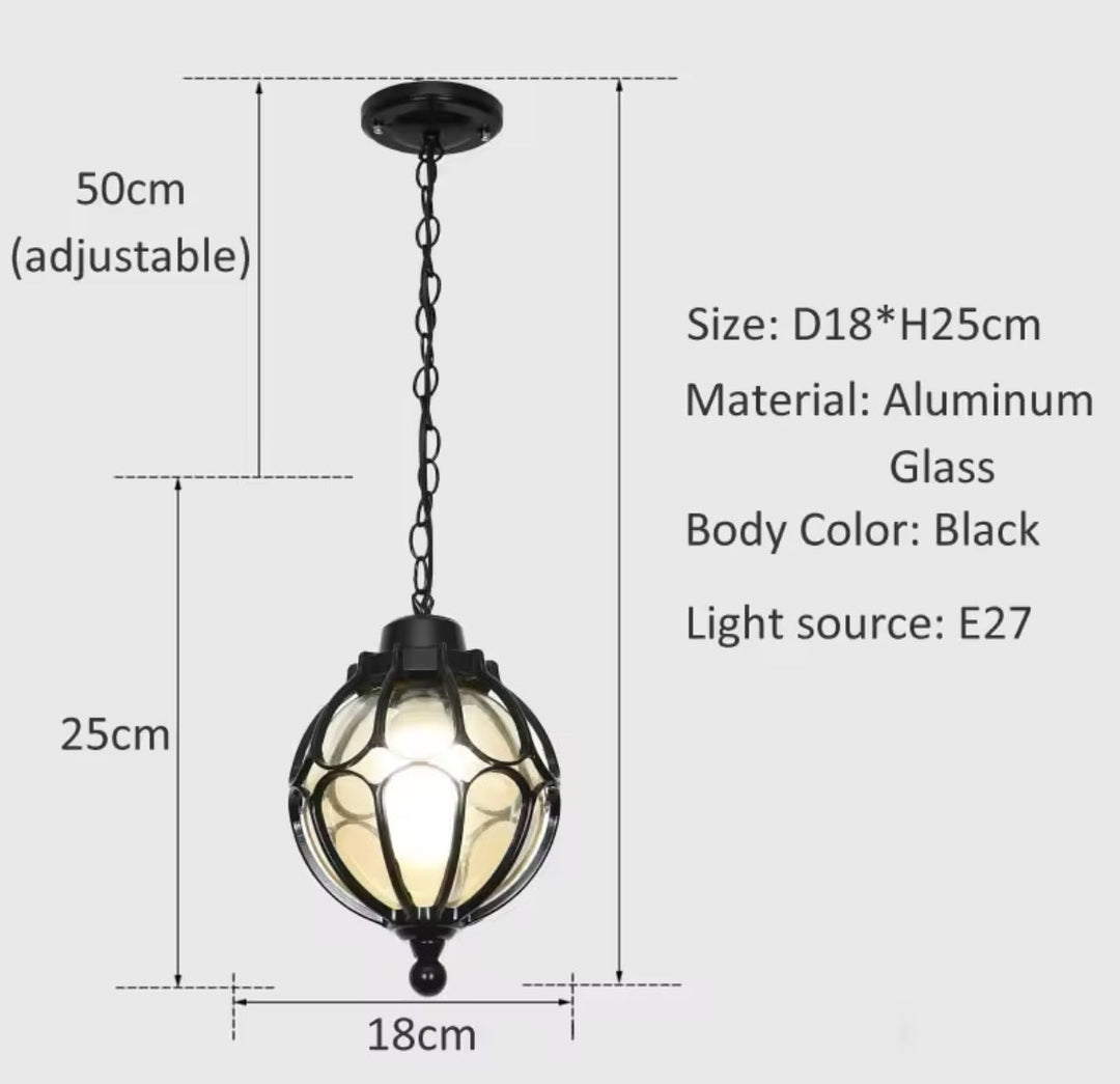 Vintage Globe Pendant Light with Black Metal Cage