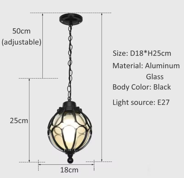 Vintage Globe Pendant Light with Black Metal Cage
