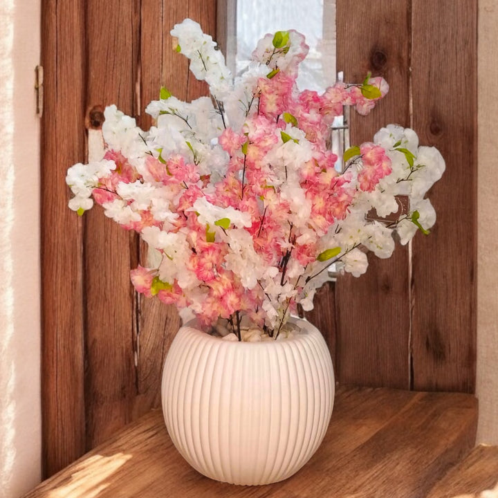 Artificial Soft Sakura Blossom in Ribbed Pot