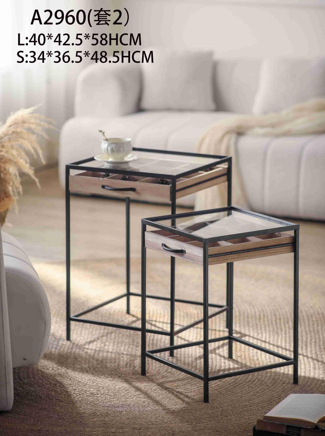 Set of 2 Glass Top Industrial Side Tables