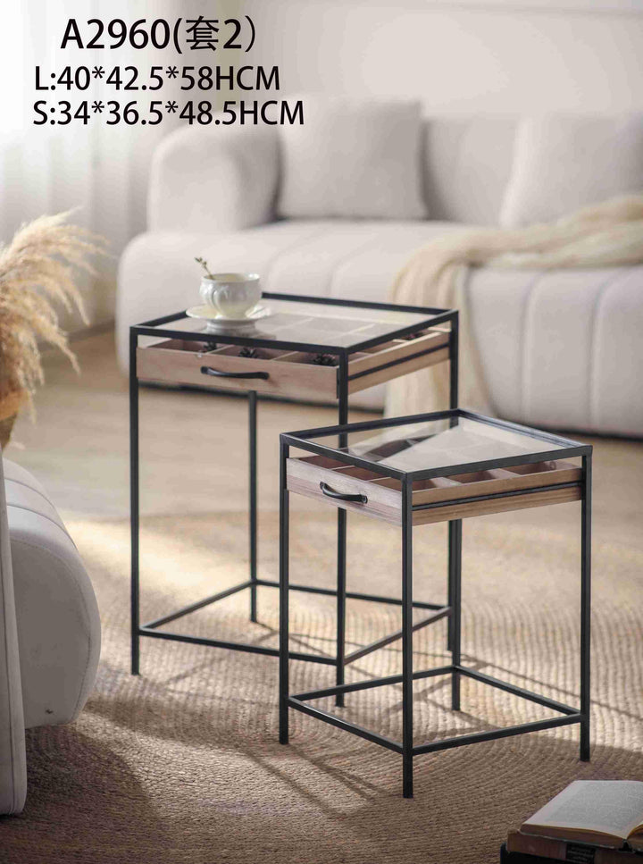 Set of 2 Glass Top Industrial Side Tables