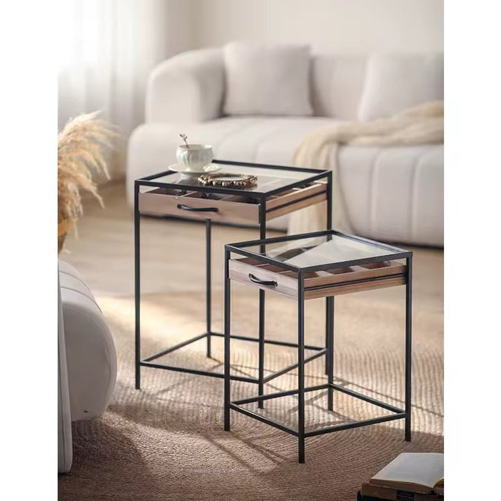 Set of 2 Glass Top Industrial Side Tables