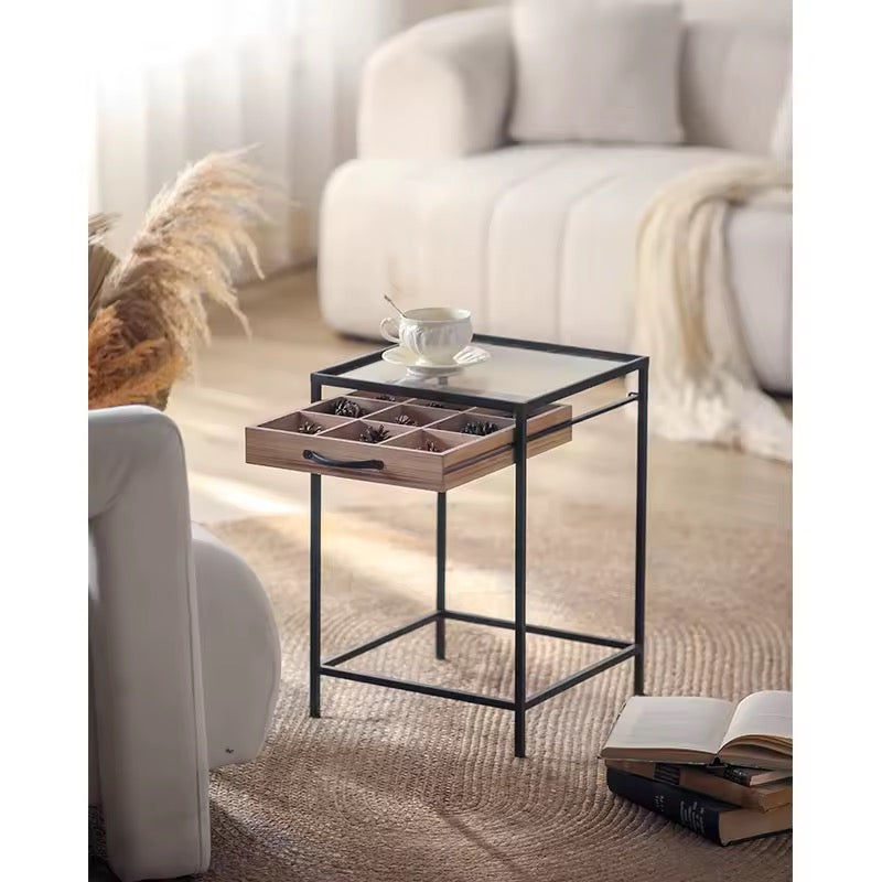Set of 2 Glass Top Industrial Side Tables