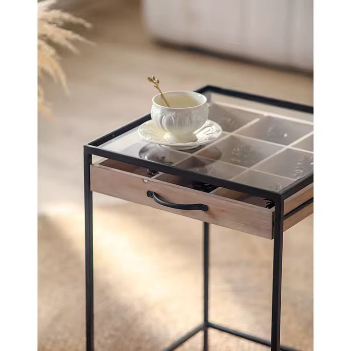 Set of 2 Glass Top Industrial Side Tables