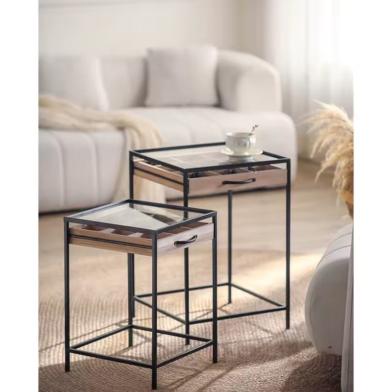 Set of 2 Glass Top Industrial Side Tables