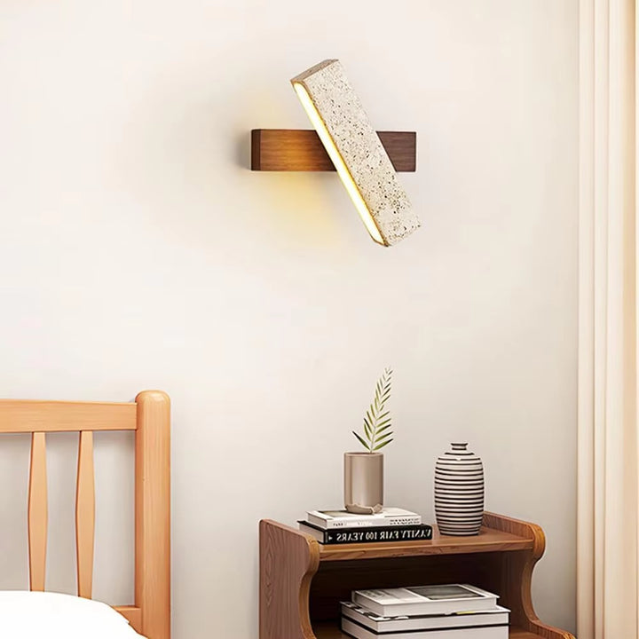 Modern Beige Stone LED Wall Sconce with Wood Backplate