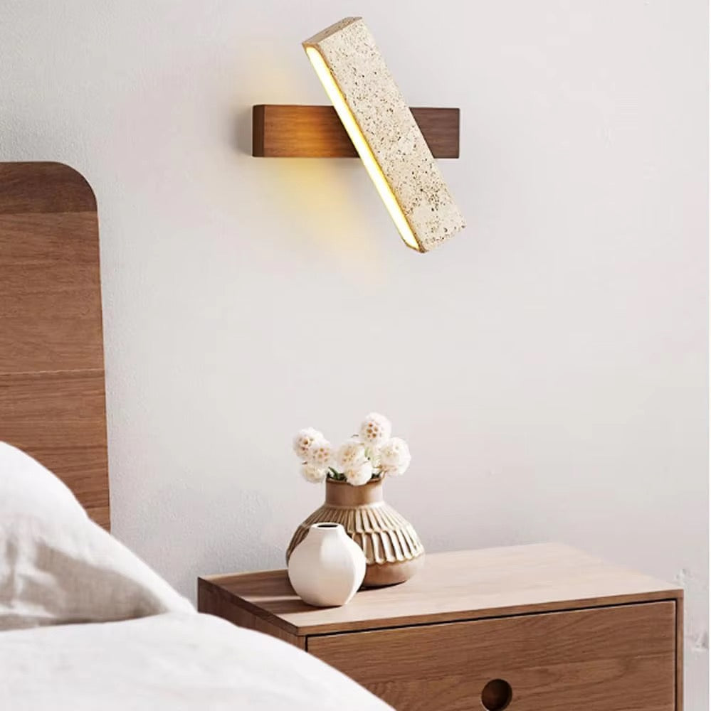 Modern Beige Stone LED Wall Sconce with Wood Backplate