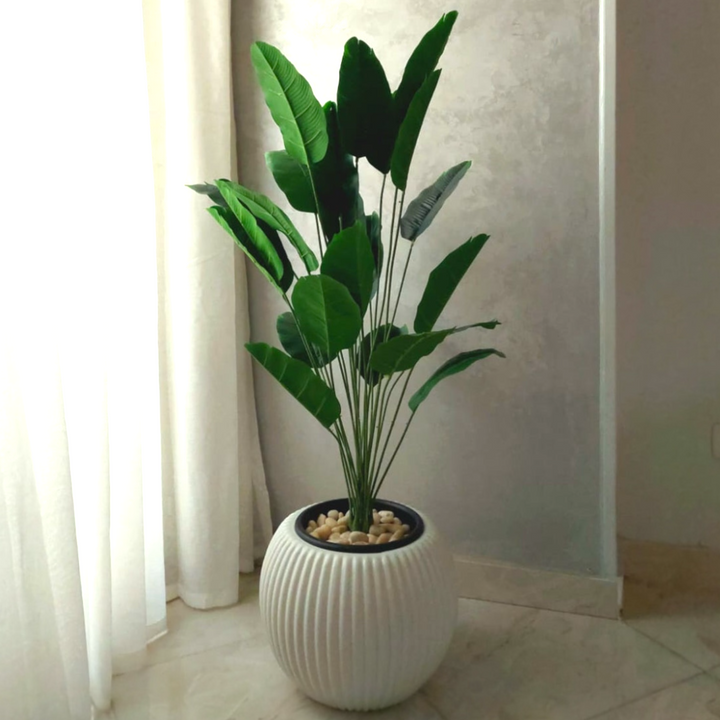 Artificial Bird of Paradise Plant in Ribbed White Pot