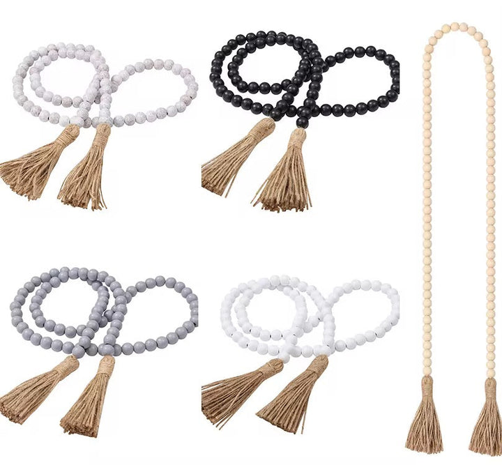 Boho Wooden Bead Garland with Jute Tassels