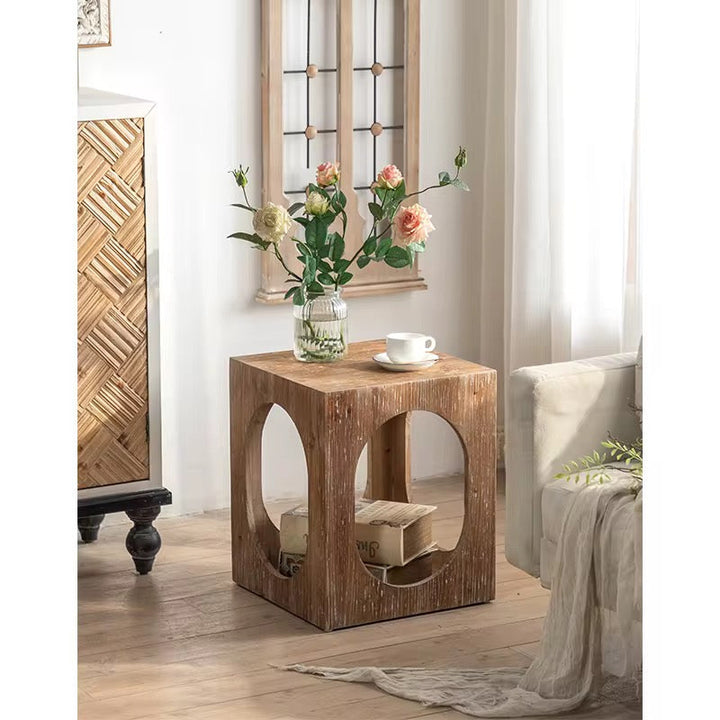 Rustic Wood Cube Side Table with Cutout Design