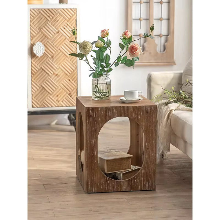 Rustic Wood Cube Side Table with Cutout Design