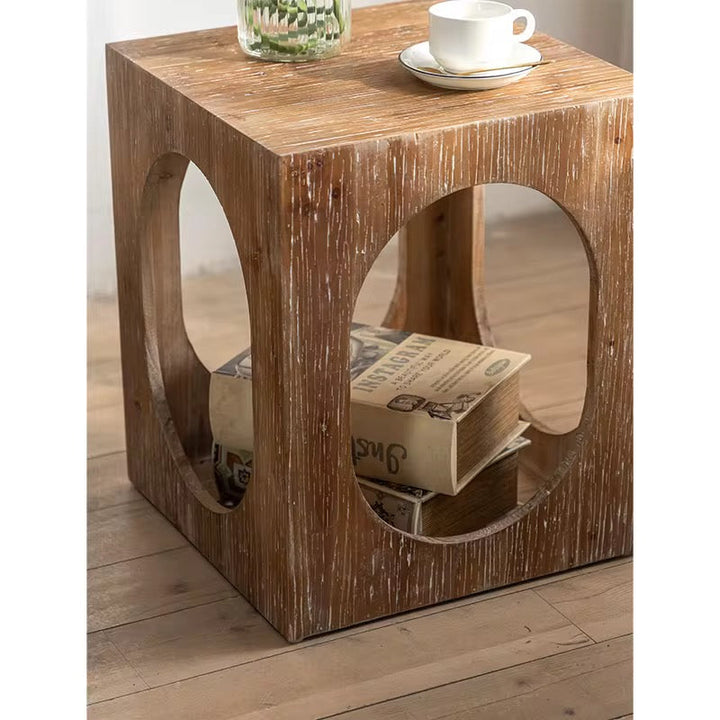 Rustic Wood Cube Side Table with Cutout Design