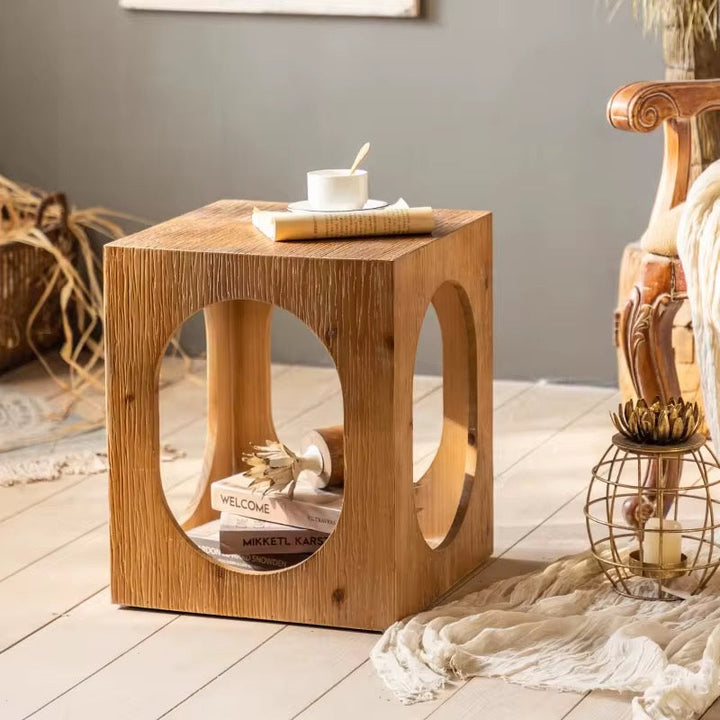 Rustic Wood Cube Side Table with Cutout Design