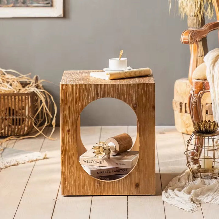Rustic Wood Cube Side Table with Cutout Design