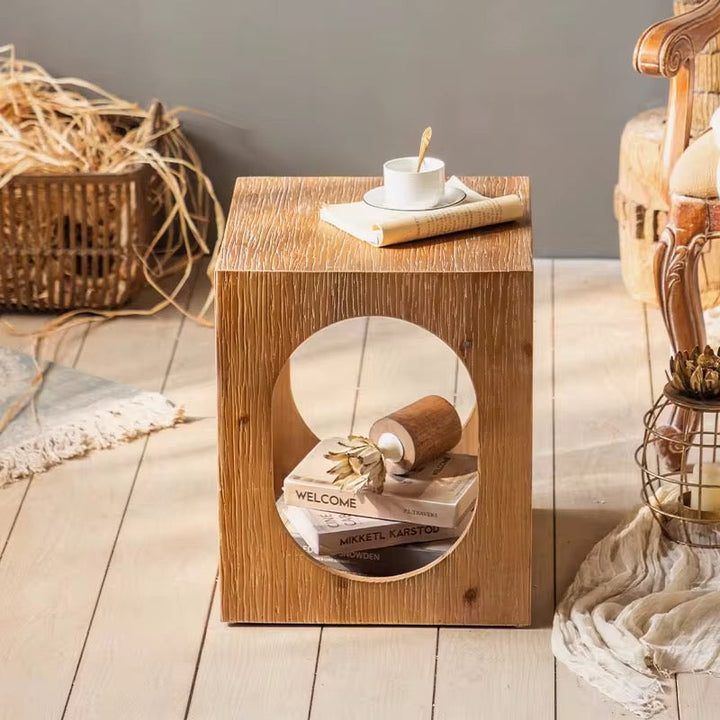 Rustic Wood Cube Side Table with Cutout Design