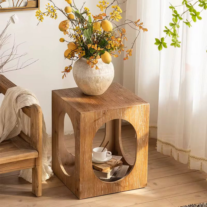 Rustic Wood Cube Side Table with Cutout Design