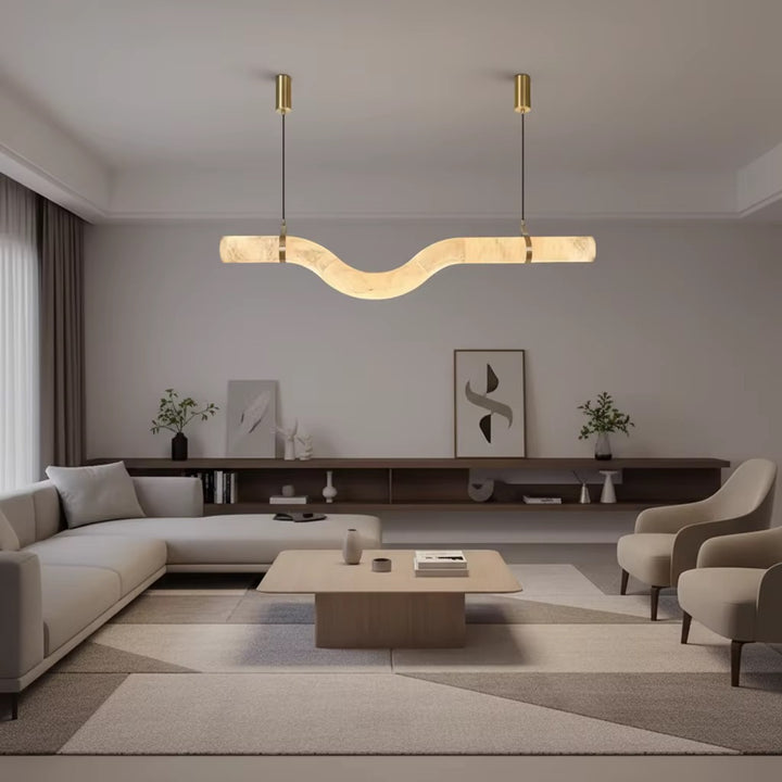Modern Wave Faux Marble LED Pendant Light with Brass Accents