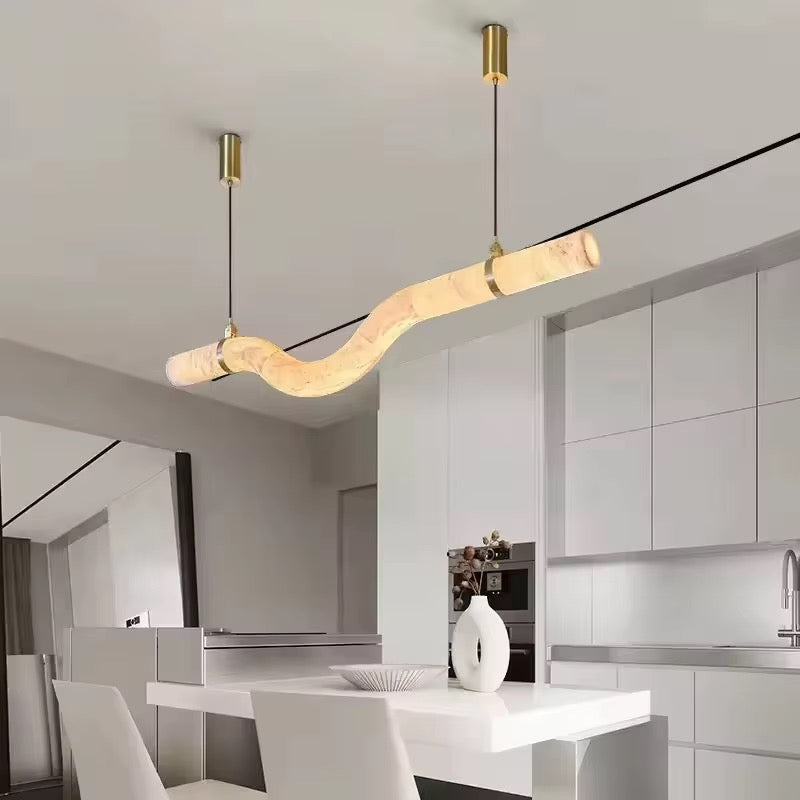 Modern Wave Faux Marble LED Pendant Light with Brass Accents