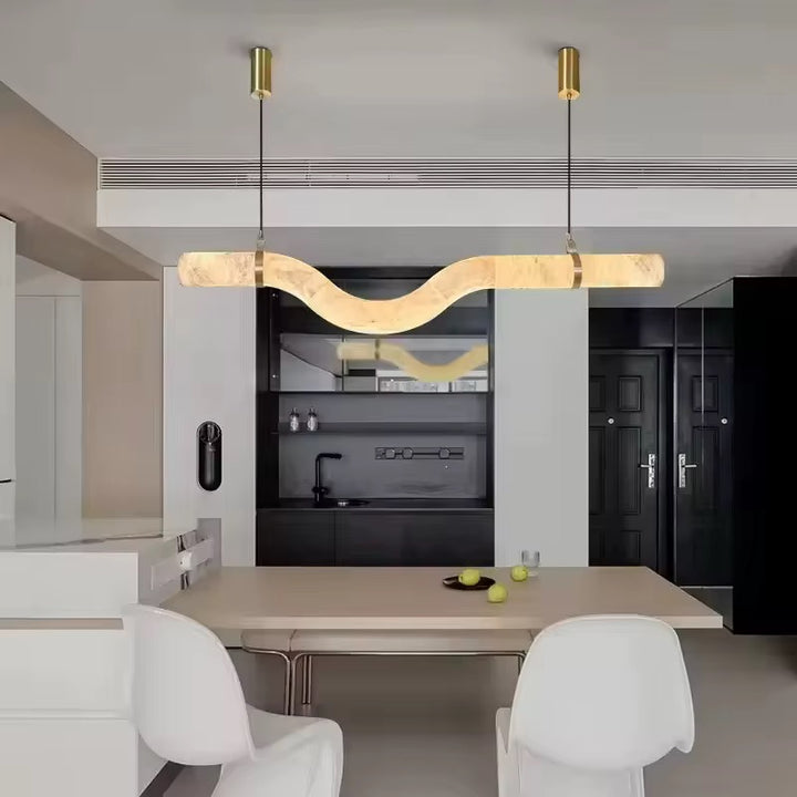 Modern Wave Faux Marble LED Pendant Light with Brass Accents