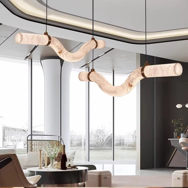 Modern Wave Faux Marble LED Pendant Light with Brass Accents