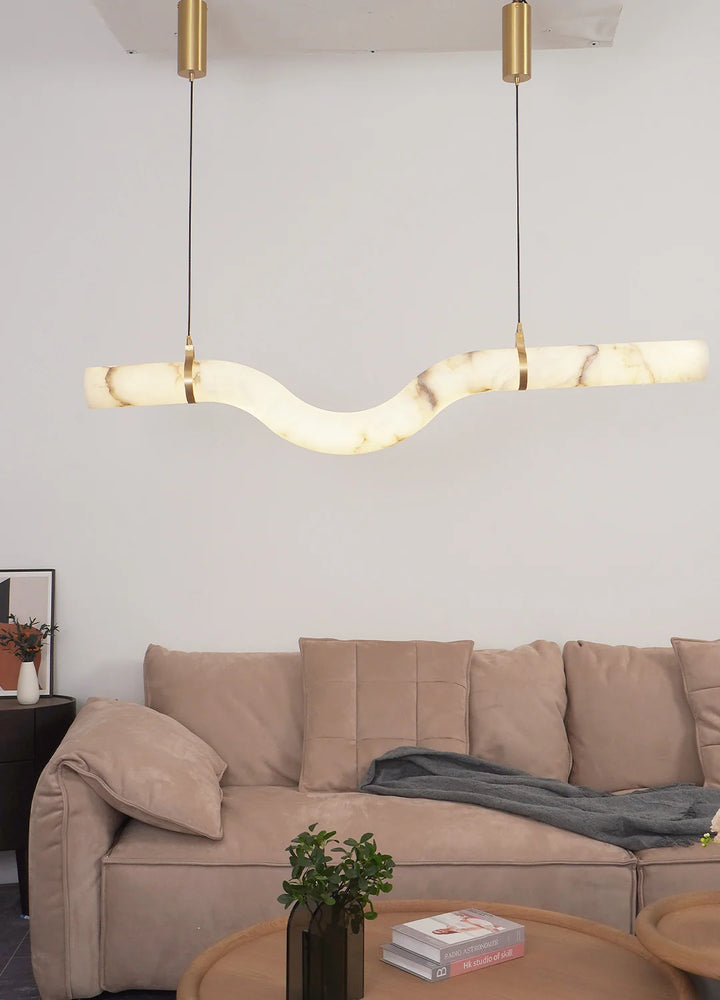 Modern Wave Faux Marble LED Pendant Light with Brass Accents