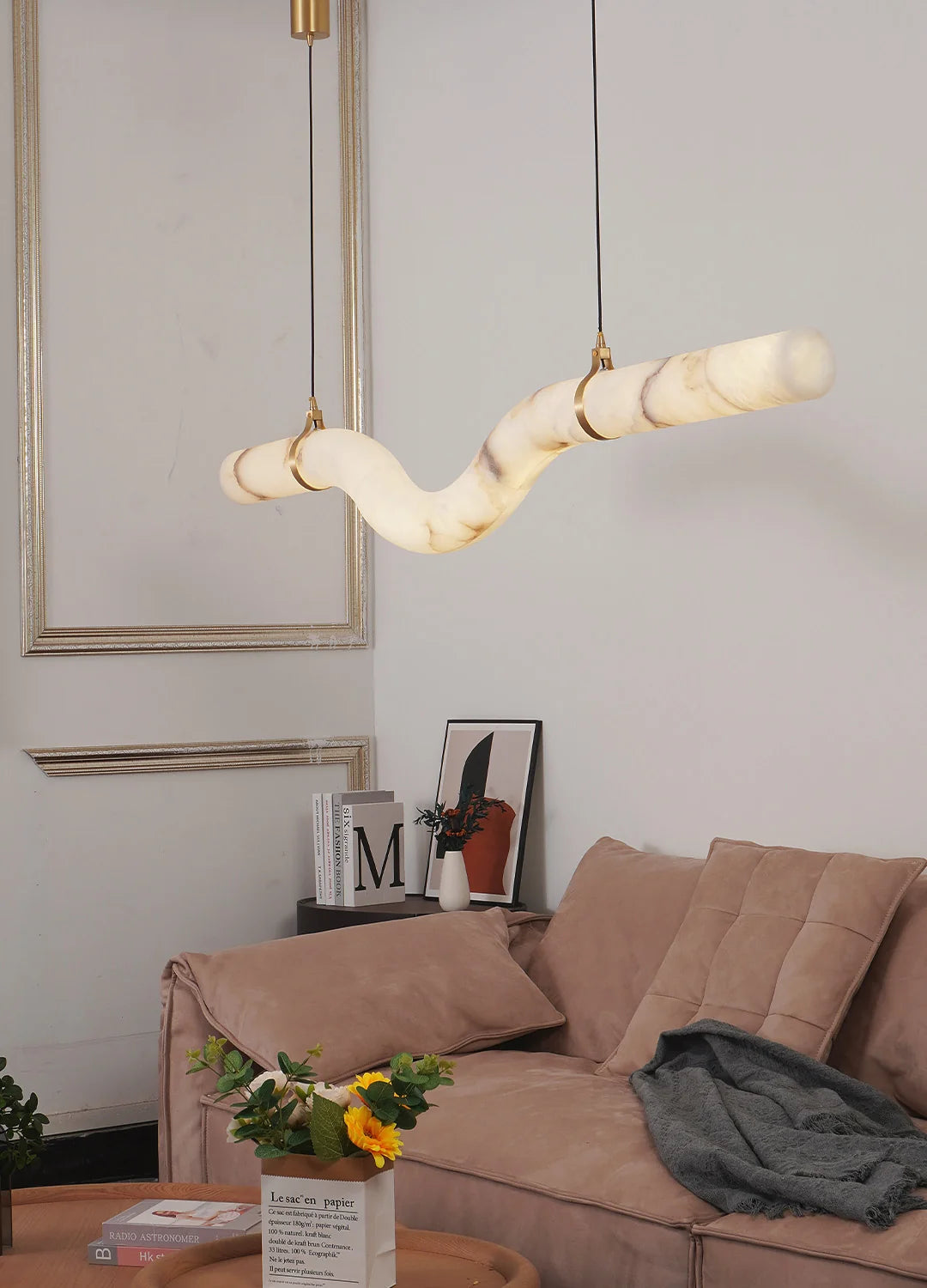 Modern Wave Faux Marble LED Pendant Light with Brass Accents