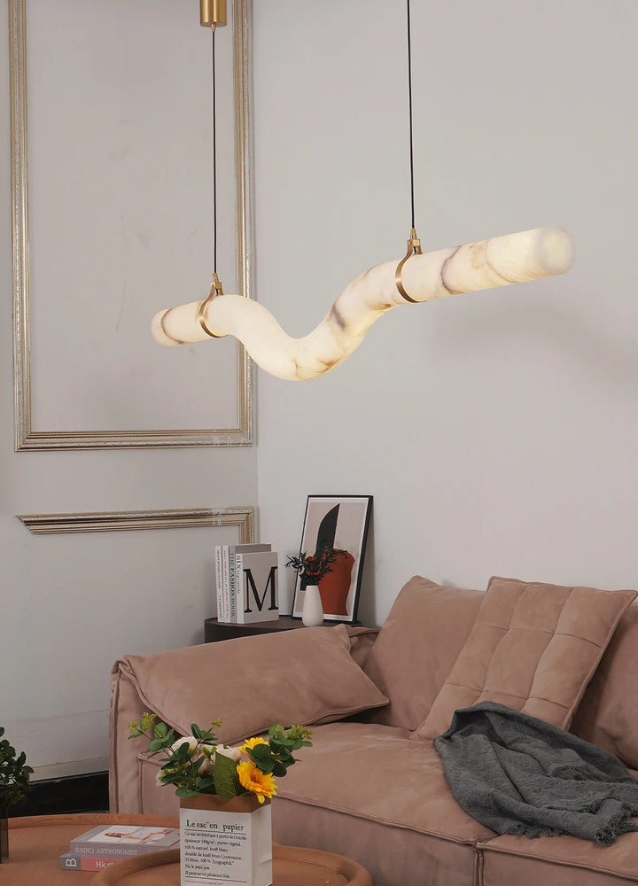 Modern Wave Faux Marble LED Pendant Light with Brass Accents