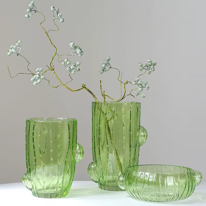 Green Cactus-Inspired Glass Vase Set of 3