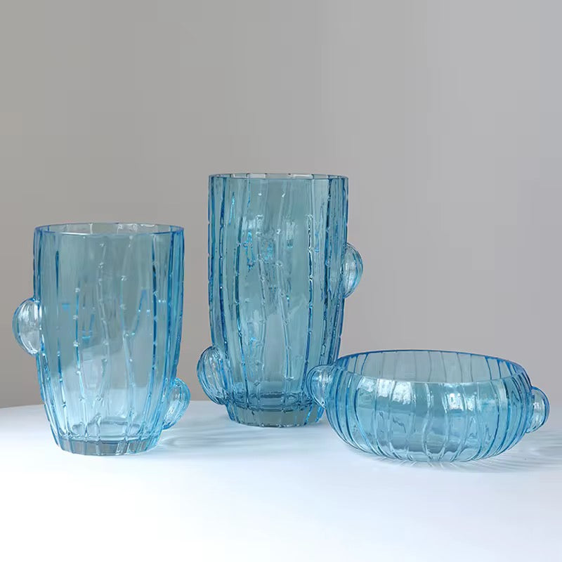 Green Cactus-Inspired Glass Vase Set of 3