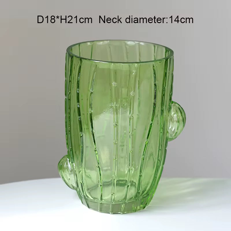 Green Cactus-Inspired Glass Vase Set of 3