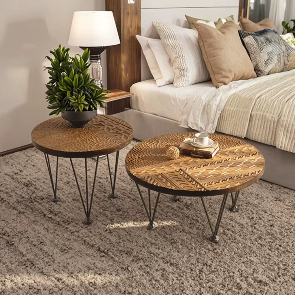 Carved Round Wooden Side Tables