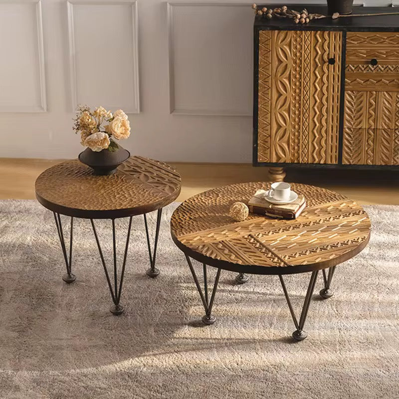 Carved Round Wooden Side Tables