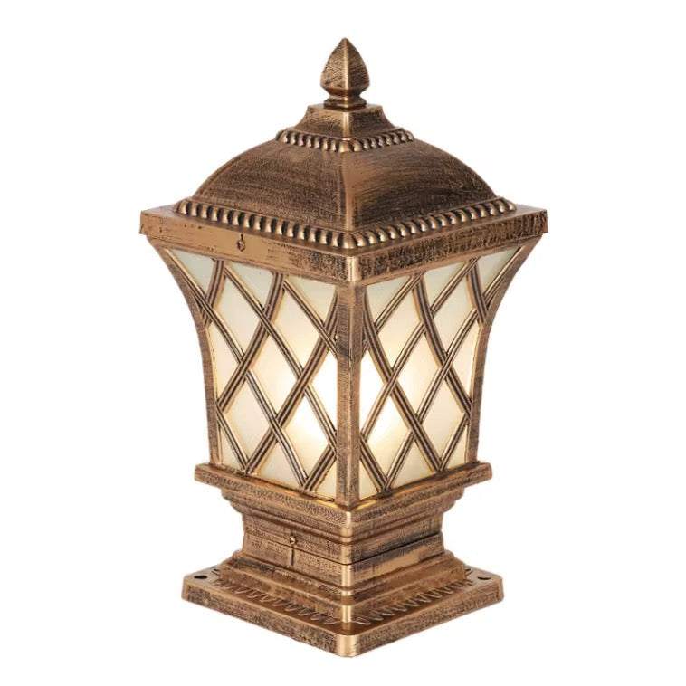 Antique brass outdoor post lantern with frosted glass for garden pathways