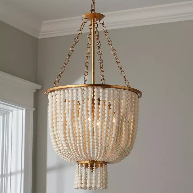 Gold and white beaded chandelier with cascading round bead strands