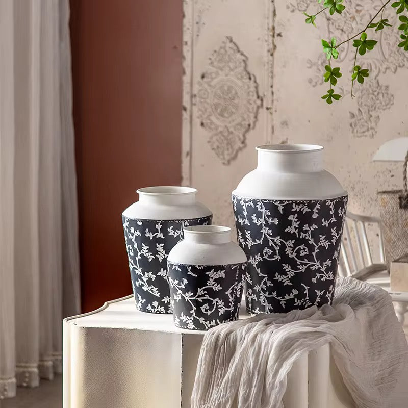 Black & White Botanical Metal Table & Floor Vase