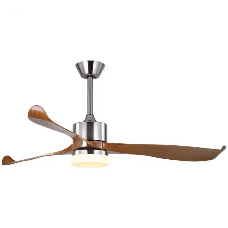 Modern ceiling fan with wooden blades and chrome finish featuring built-in LED light