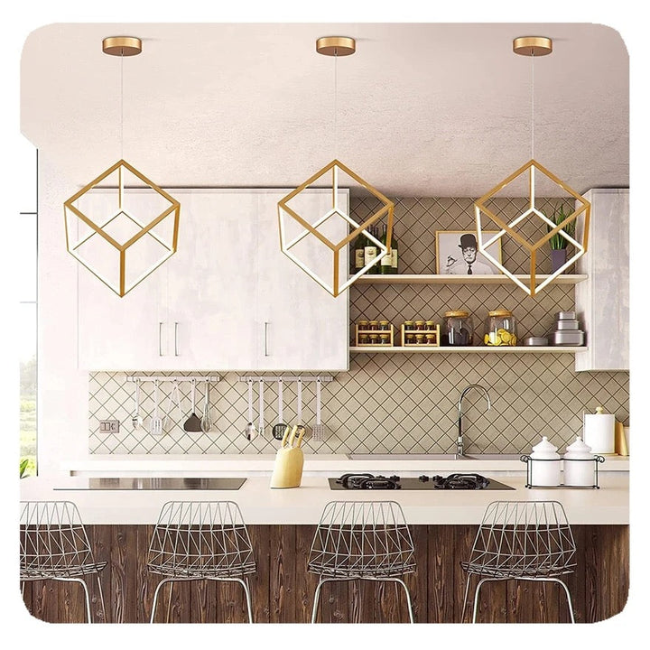 Modern Geometric Pendant Light with Gold Cube Design