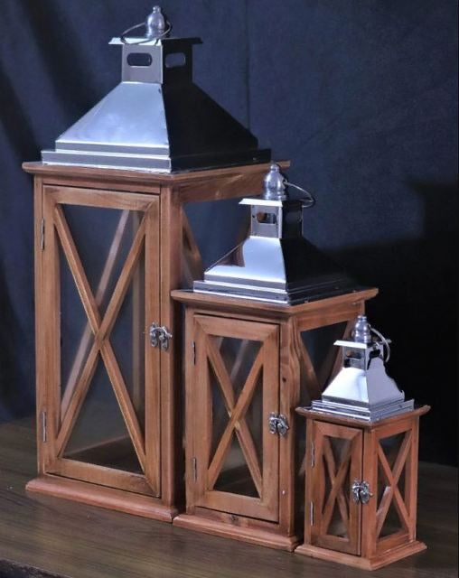 Modern Wood & Chrome Lantern Set (3-Piece)